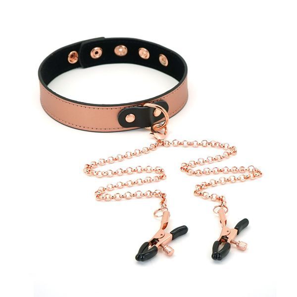 Нашийник із затискачами для сосків Liebe Seele Rose Gold Memory Collar with Nipple Clamps, шкіра SO9495 фото