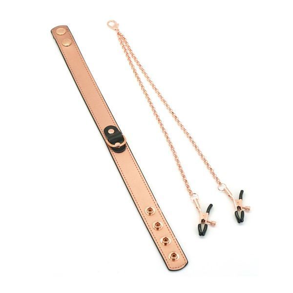 Нашийник із затискачами для сосків Liebe Seele Rose Gold Memory Collar with Nipple Clamps, шкіра SO9495 фото