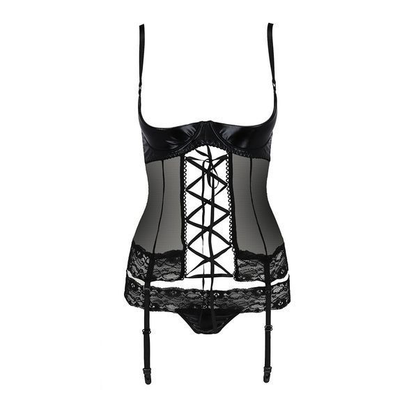 Корсет з відкритими грудьми Passion Exclusive NORTH CORSET L XL, black, пажі, трусики, шнурівка PS24005 фото