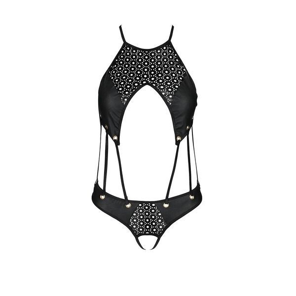 Боді з відкритим доступом Passion TASMINA BODY XXL XXXL, black, екошкіра, шнурівки, ажурні мережива SO7110 фото