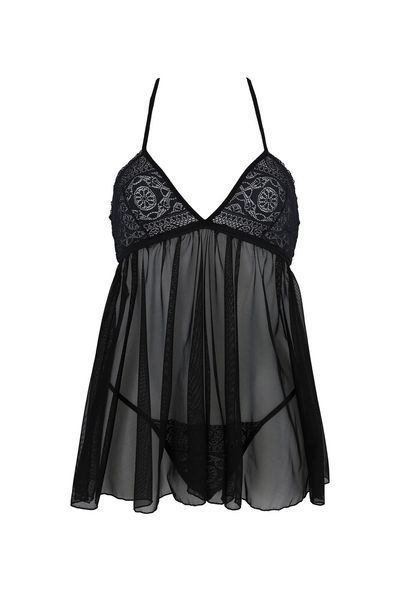 Пеньюар Passion KERRIA CHEMISE black, XXL XXXL, мереживний верх, трусики в комплекті SX0489 фото