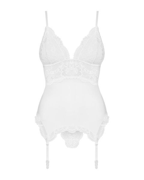 Сатиновий мереживний корсет Obsessive 810-COR-2 babydoll & thong L XL, білий, корсет, танга SO7158 фото