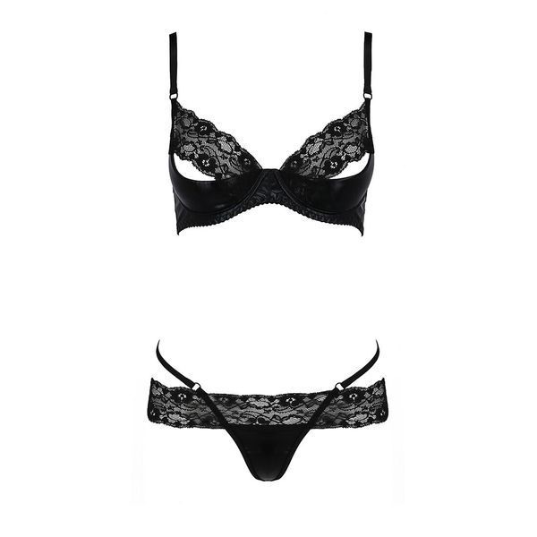 Комплект білизни Passion Exclusive NORTH SET L XL, black, ліф і трусики з елементами під латекс PS24008 фото