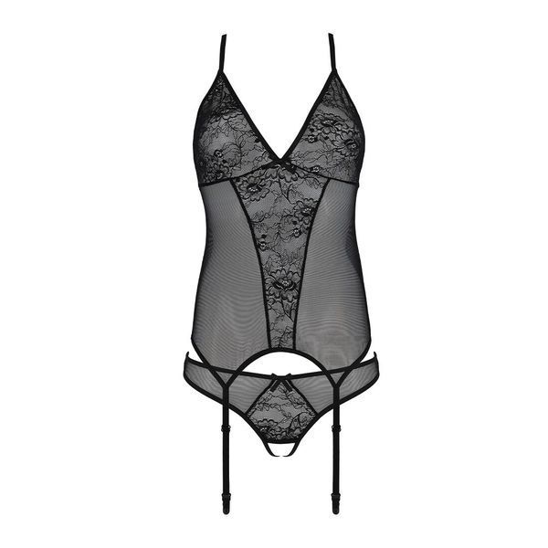Корсет із пажами, трусики з ажурним декором та відкритим кроком Passion URSULA CORSET, black SO5836 фото