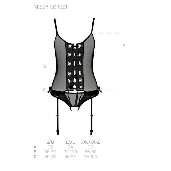 Корсет зі шнурівкою Passion NESSY CORSET XXL XXXL black, стрінги з відкритим доступом, пажі для панч SO8455 фото