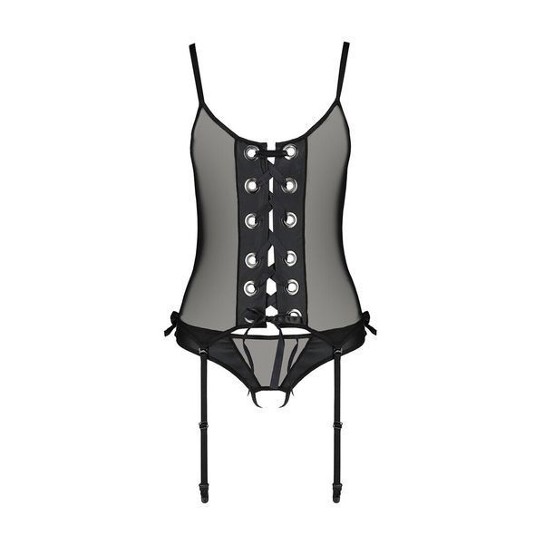 Корсет зі шнурівкою Passion NESSY CORSET XXL XXXL black, стрінги з відкритим доступом, пажі для панч SO8455 фото