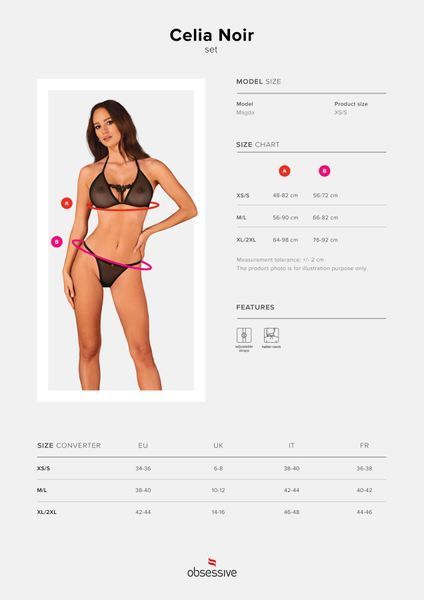 Напівпрозорий комплект Obsessive Celia Noir 2-pcs set XL 2XL, бюстгальтер, стрінги SO7865 фото