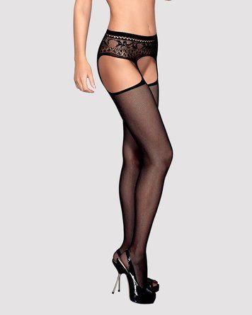 Сітчасті панчохи-стокінги з мереживним поясом Obsessive Garter stockings S307 XL XXL, чорні, імітаці SO7270 фото