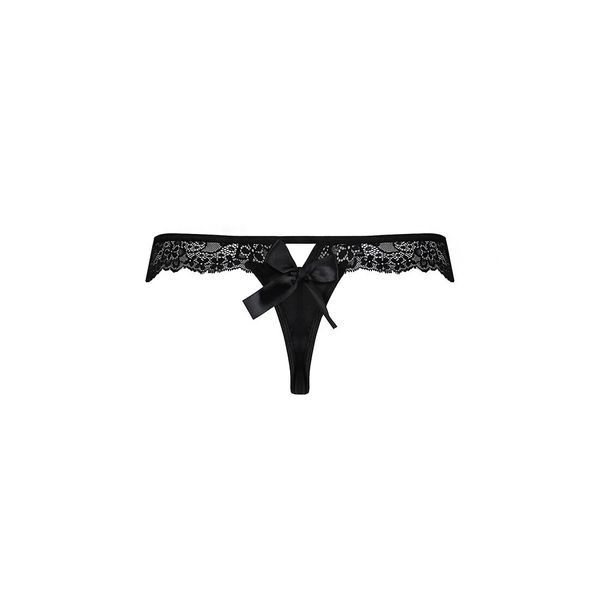 Мереживні трусики-танга з атласним бантиком Passion NAJA THONG, black SO5365 фото