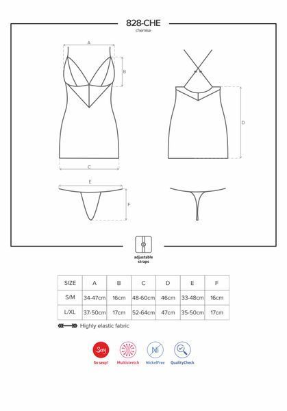 Сатиновий комплект для сну з мереживом Obsessive 828-CHE-1 chemise & thong L/XL SO7171 фото