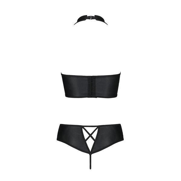 Комплект з еко-шкіри Passion NANACY BIKINI, black, бра та трусики з імітацією шнурівки SO5368 фото