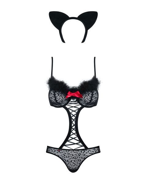Еротичний костюм гепарду Obsessive Gepardina 3 pcs Costume, S/M, чорний (хутряне оздоблення, монокіні) SO7276 фото