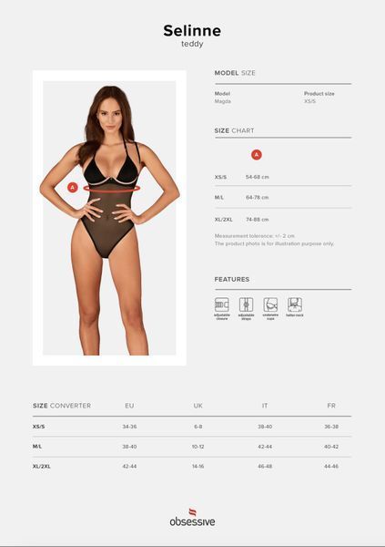 Прозоре боді Obsessive Selinne teddy XL 2XL Black, дрібна сітка, подвійні бретелі SO8664 фото