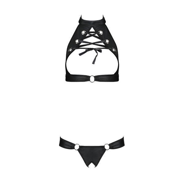Комплект, відкритий топ та трусики з екошкіри з люверсами Passion MALWIA SET with Open Bra black SO5768 фото