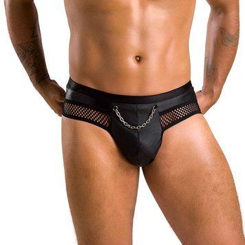 Чоловічі труси з ланцюжком Passion 030 SLIP TOM Black, екошкіра, відкриті сідниці SO7561 фото