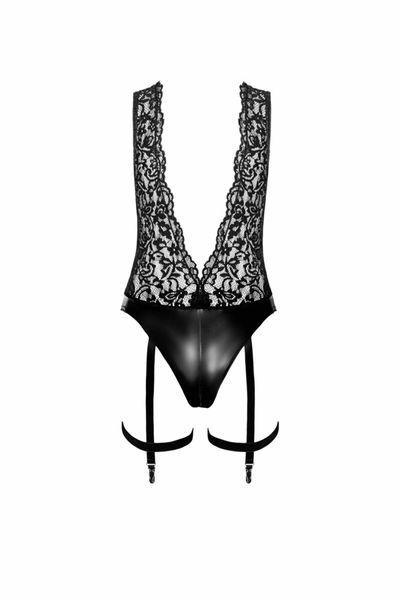 Боді Noir Handmade F297 Libido, чорне, мереживо, низ під латекс, відкритий доступ, гартери SX0219 фото