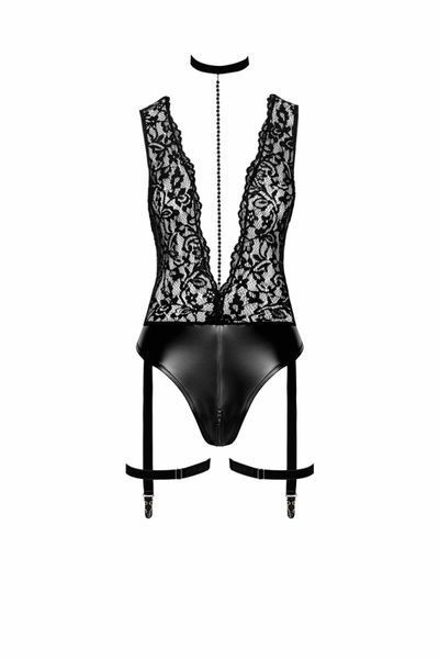 Боді Noir Handmade F297 Libido, чорне, мереживо, низ під латекс, відкритий доступ, гартери SX0219 фото