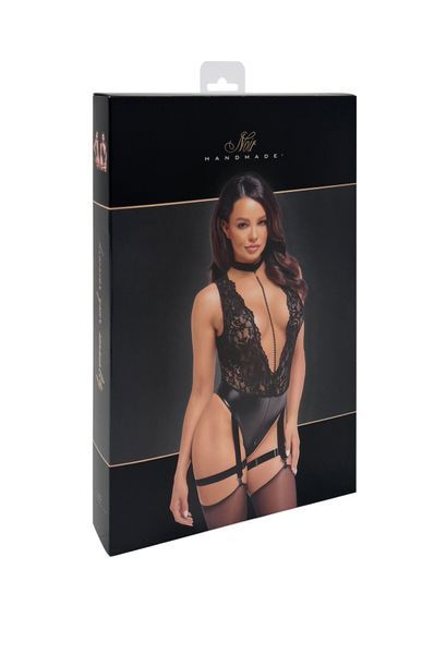 Боді Noir Handmade F297 Libido, чорне, мереживо, низ під латекс, відкритий доступ, гартери SX0219 фото