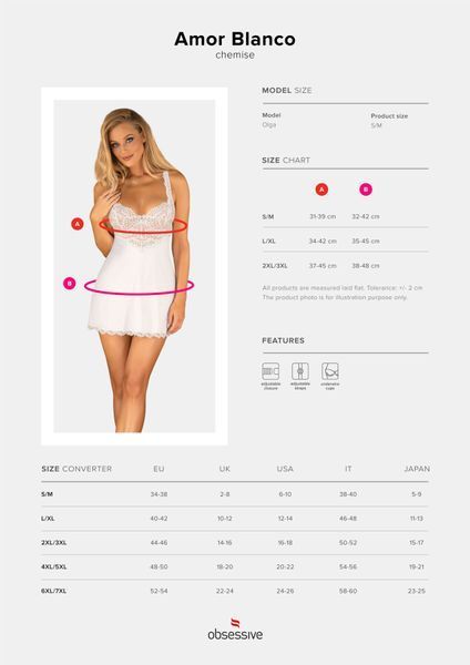 Сорочка Obsessive Amor Blanco underwire chemise & thong white L XL SX1126 фото