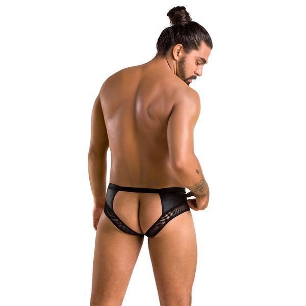 Чоловічі труси з ланцюжком Passion 030 SLIP TOM Black, екошкіра, відкриті сідниці SO7561 фото