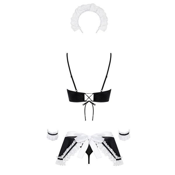 Атласний еротичний костюм покоївки Obsessive Maid set S M, black, 5 предметів SO7715 фото