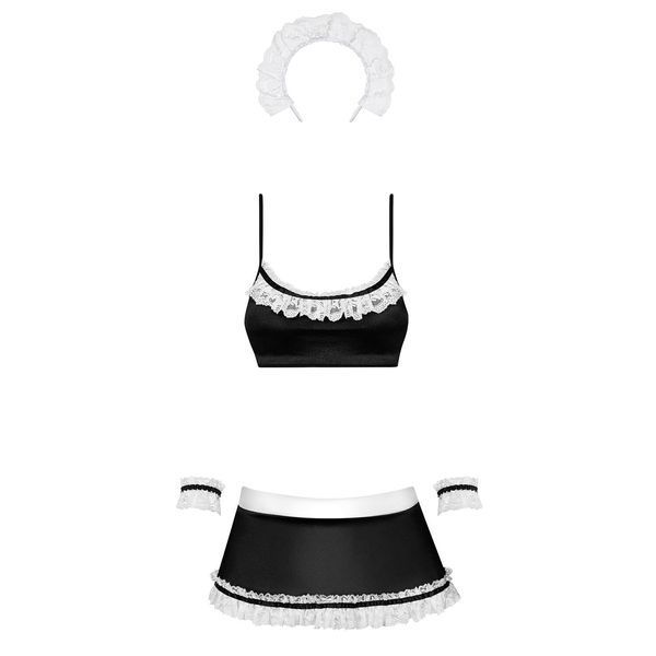 Атласний еротичний костюм покоївки Obsessive Maid set S M, black, 5 предметів SO7715 фото