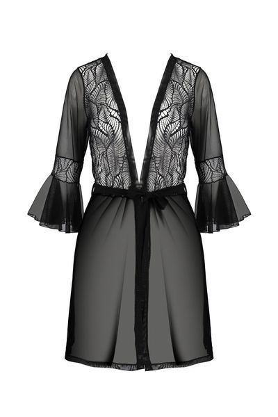 Пеньюар Passion LEAFA PEIGNOIR black, XXL XXXL, довжина трохи вище коліна, широкі рукави, зав'язується на пояс SX0507 фото