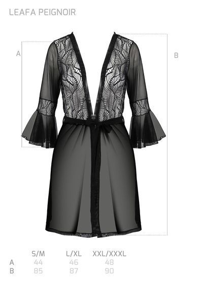 Пеньюар Passion LEAFA PEIGNOIR black, XXL XXXL, довжина трохи вище коліна, широкі рукави, зав'язується на пояс SX0507 фото