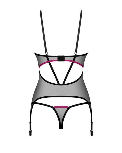 Корсет Obsessive Novenes corset & thong, XL 2XL, прозорий, відкрита спина, стрінги в комплекті SX0613 фото