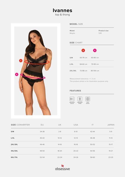 Напівпрозорий набір з прикрасами Obsessive Ivannes top & thong 2XL 3XL, чорний, топ та танга SO7283 фото