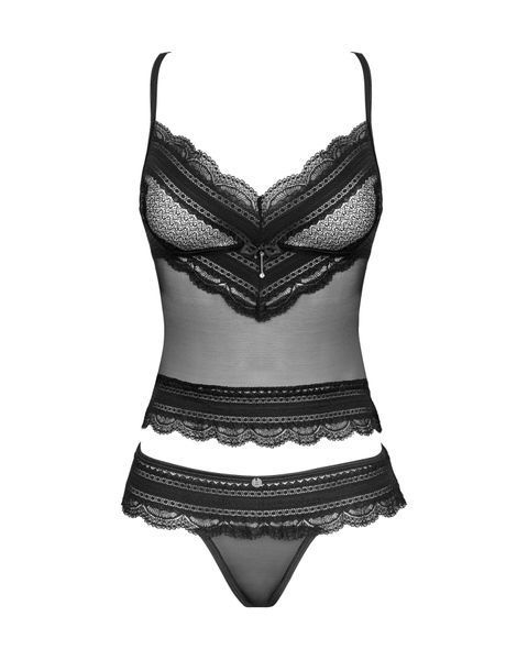 Напівпрозорий набір з прикрасами Obsessive Ivannes top & thong 2XL 3XL, чорний, топ та танга SO7283 фото
