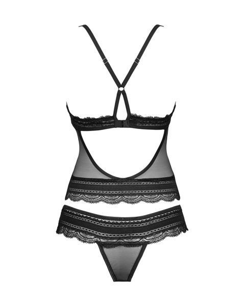 Напівпрозорий набір з прикрасами Obsessive Ivannes top & thong 2XL 3XL, чорний, топ та танга SO7283 фото