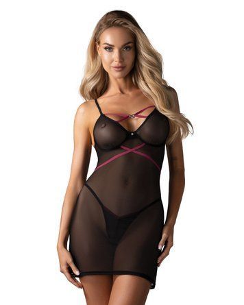 Пеньюар Obsessive Novenes chemise & thong, XL 2XL, обтислий, прозорий, зі стрепами, стрінги в компле SX0619 фото