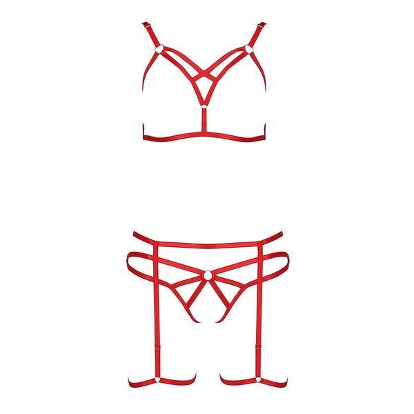 Комплект білизни Passion Exclusive MAGALI SET OpenBra, red, стрепи, ліф, трусики і пояс PS23802 фото
