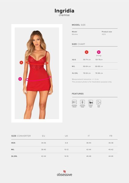 Пеньюар Obsessive Ingridia chemise & thong XL 2XL, червоний, сорочка, стрінги SO9036 фото