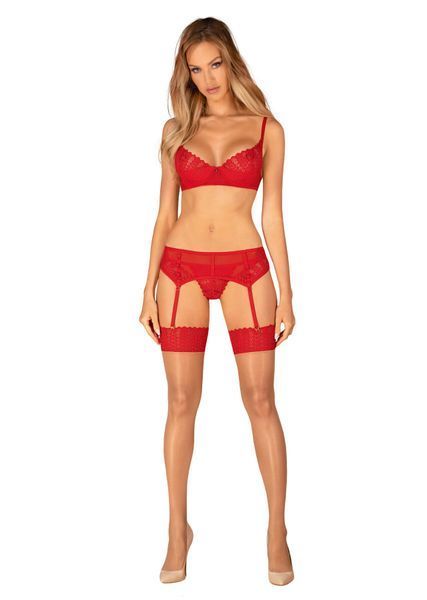Панчохи Obsessive Ingridia stockings XL 2XL, бежеві з червоною резинкою SO9041 фото