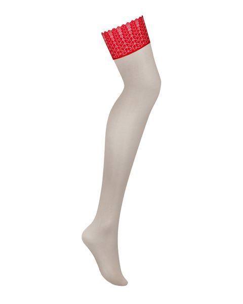Панчохи Obsessive Ingridia stockings XL 2XL, бежеві з червоною резинкою SO9041 фото