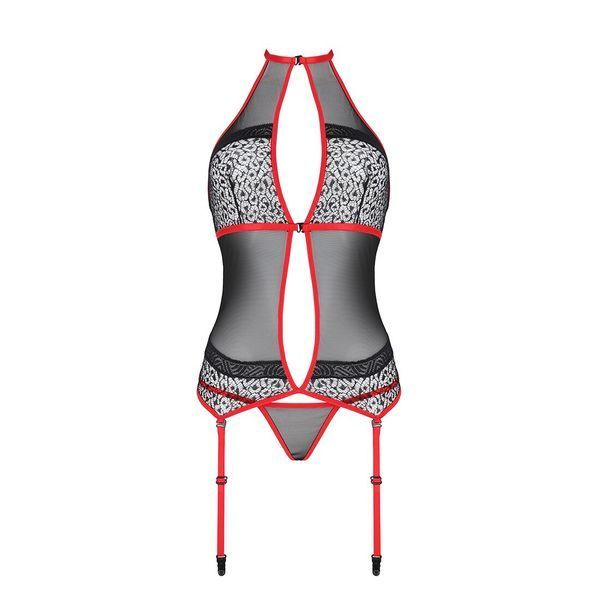 Корсет з пажами Passion SATARA CORSET XXL XXXL red, стрінги, мереживо, застібки спереду та ззаду SO8479 фото