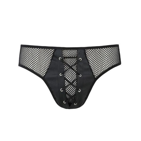 Чоловічі труси зі шнурівкою Passion 035 SLIP RICHARD Black, екошкіра, сітка SO7577 фото