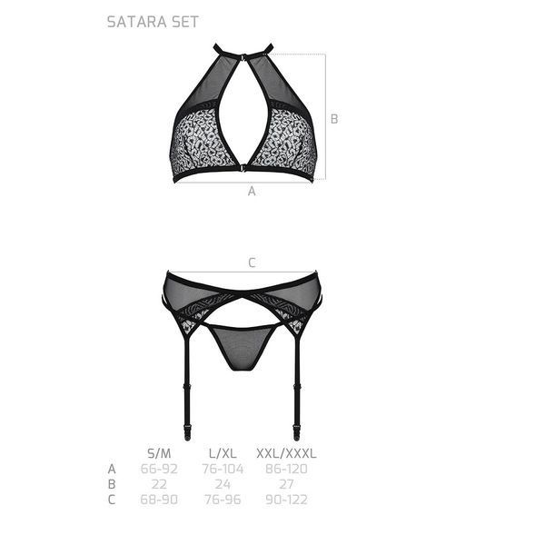 Комплект білизни Passion SATARA SET XXL XXXL black, топ, пояс для панчіх, стрінги SO8482 фото