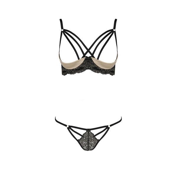 Комплект білизни Passion Exclusive VALERY SET OpenBra, black, стрепи, трусики, відкритий ліф PS25106 фото