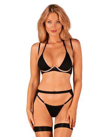 Комплект білизни Obsessive Selinne 3-pcs set XL 2XL Black, бюстгальтер, стрінги пояс для панчіх SO8667 фото
