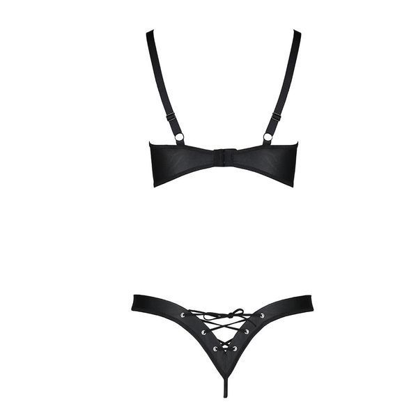 Комплект з екошкіри Passion CELINE BIKINI 6XL 7XL black, відкритий бра, стрінги зі шнурівкою SO6401 фото