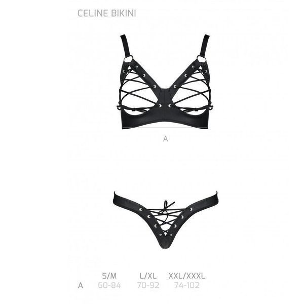 Комплект з екошкіри Passion CELINE BIKINI 6XL 7XL black, відкритий бра, стрінги зі шнурівкою SO6401 фото