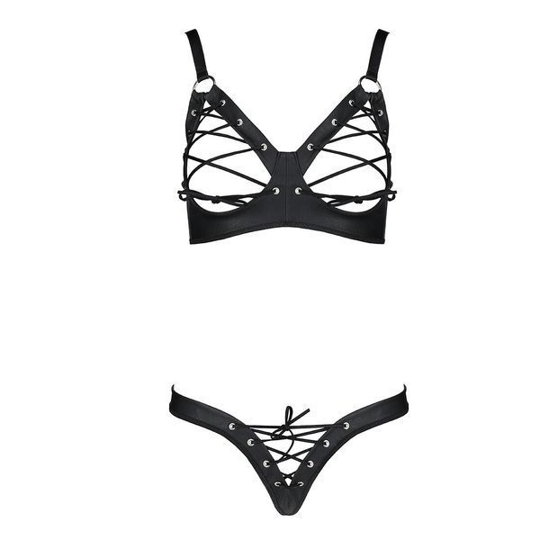 Комплект з екошкіри Passion CELINE BIKINI 6XL 7XL black, відкритий бра, стрінги зі шнурівкою SO6401 фото